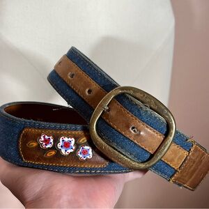 Vintage 1970 Hickok Mod Flower Thick Leather Denim Western Belt